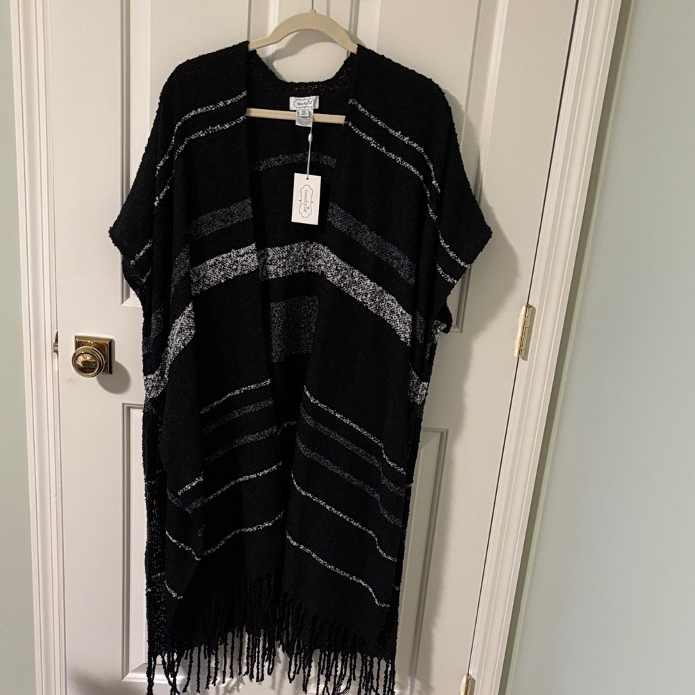 MudPie Black and Gray & White Striped Fringe Long Open Cardigan